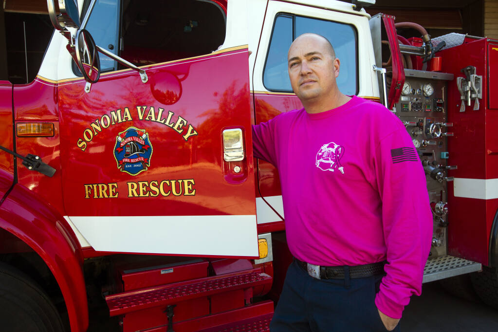 Fire Captain Jason Campbell commutes from El Dorado Hills due to high housing costs in Sonoma. He’s pictured at the Sonoma Valley fire station on Highway 12 in Boyes Hot Springs on Wednesday, Oct. 26, 2022. (Robbi Penglelly/Index-Tribune)