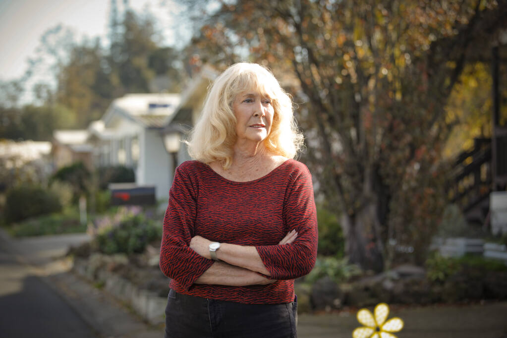 Mary Ruppenthal poses Tuesday, Nov. 30, 2021, in the Youngstown Senior Mobile Home Park in Petaluma where she has lived for 34 years. She and other residents are fighting a proposed 40% rent increase. (CRISSY PASCUAL/ARGUS-COURIER STAFF)