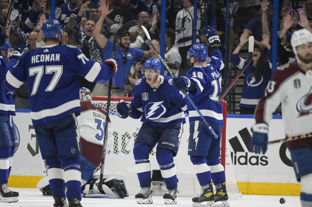 Tampa Bay Lightning right wing Corey Perry (10) celebrates a goal during the second period of Game 3 of the NHL hockey Stanley Cup Final against the Colorado Avalanche on Monday, June 20, 2022, in Tampa, Fla. (AP Photo/Phelan M. Ebenhack)