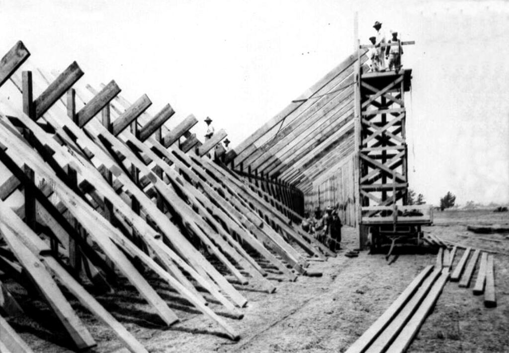 The Cotati Speedway used 3 million feet of lumber when it was built in 1921, according to the Cotati Historical Society. Its first race on Aug. 14, 1921 attracted 20,000 spectators, but it was dismantled after only two seasons. (Cotati Historical Society)