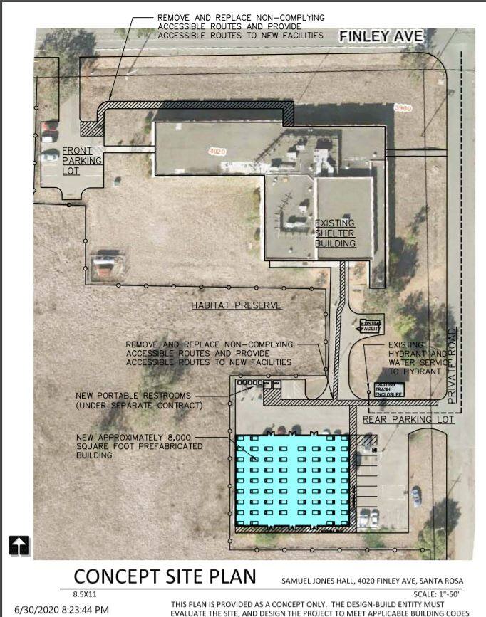 A concept map dated June 30 of a new 60-person shelter site planned by the city of Santa Rosa at a parking lot near Samuel L. Jones Hall in southwest Santa Rosa.
