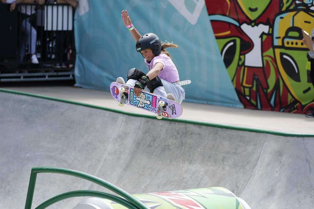 Sky Brown, of Great Britain, competes in the women’s skateboarding final during an Olympic qualifying event on Sunday, May 23, 2021, in Des Moines, Iowa. (Charlie Neibergall / ASSOCIATED PRESS)