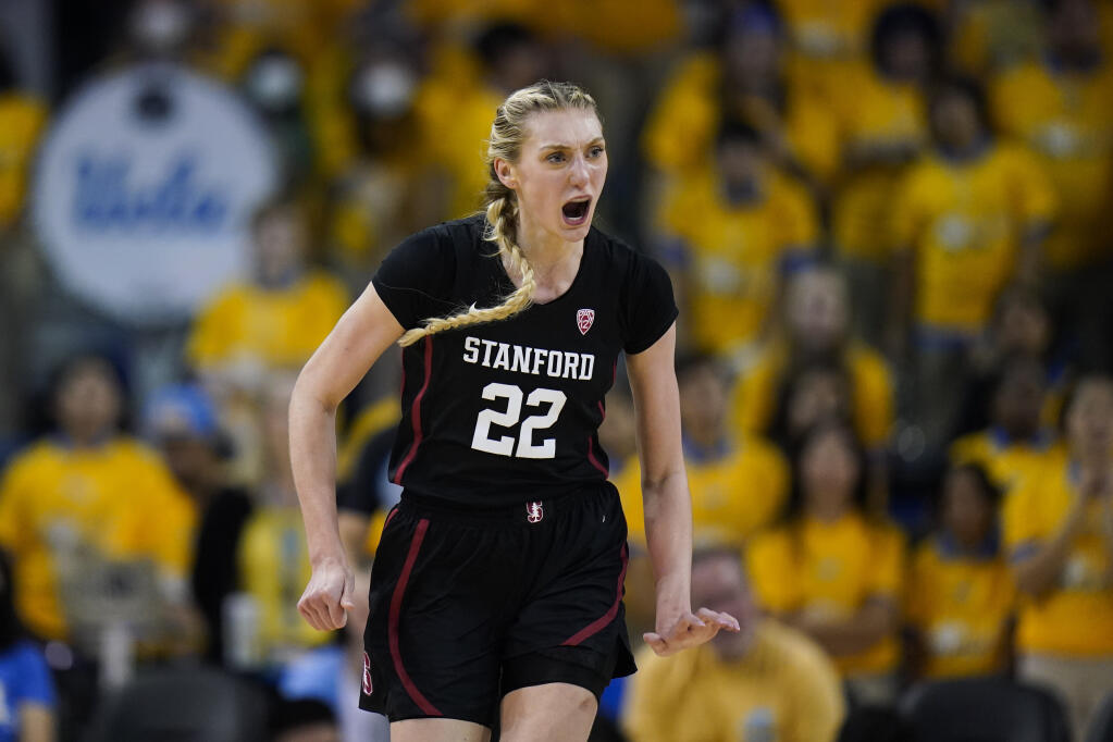 Stanford forward Cameron Brink celebrates her basket against UCLA during the second half Friday in Los Angeles. Stanford won 72-59. (Jae C. Hong / ASSOCIATED PRESS)
