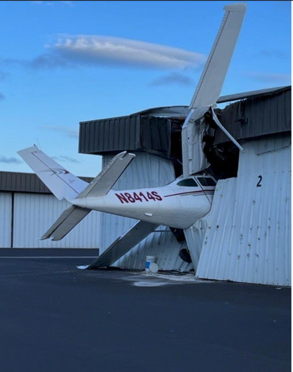 Federal officials have been called in to investigate after a plane crashed into a hangar at the Petaluma Municipal Airport Sunday, July 3. (Petaluma Fire Department)