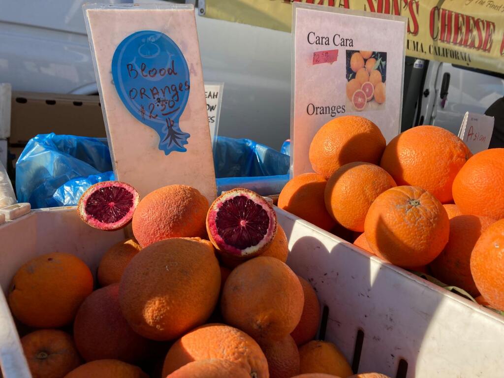 Oranges are available now from the Petaluma Eastside Farmers Market.