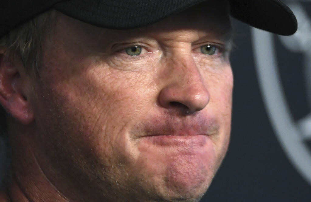 Las Vegas Raiders head coach Jon Gruden speaks to the media after practice in Henderson, Nevada, in this Saturday, July 31, 2021, file photo. (David Becker / ASSOCIATED PRESS)