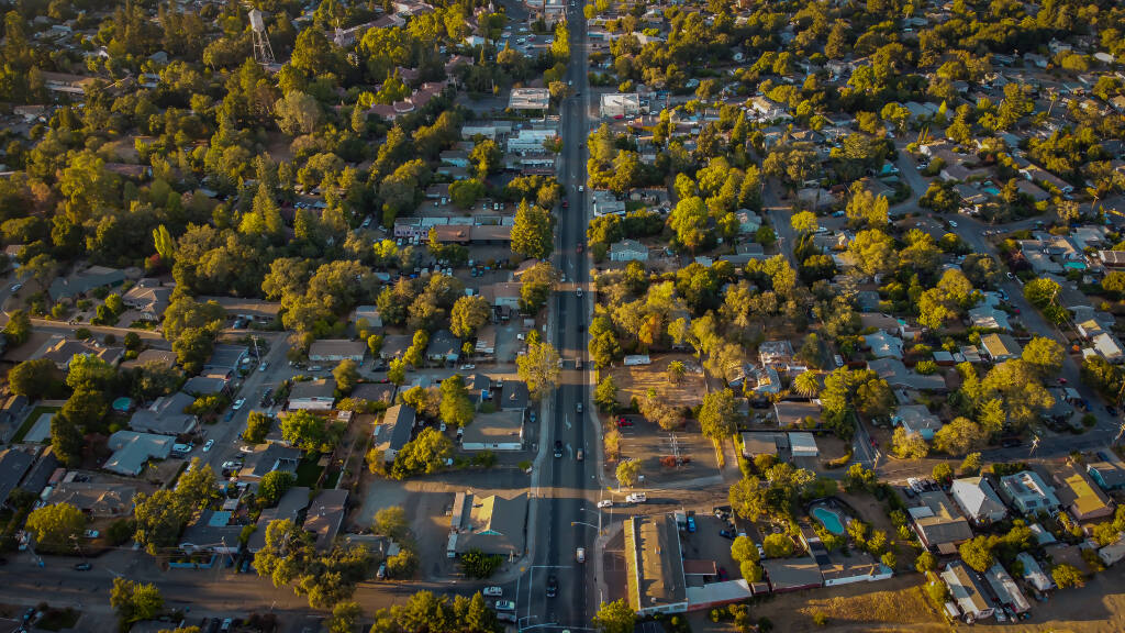 Sonoma's Springs neighborhood and Highway 12 looking north, from above. Oct. 30, 2020. (The Press Democrat)