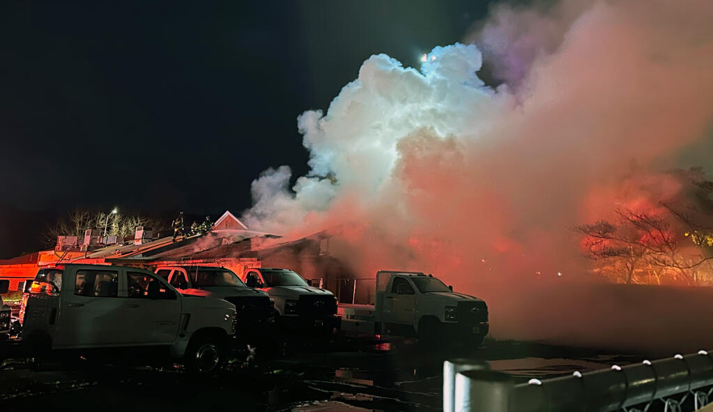 Sonoma firefighters responded to a blaze that destroyed a commercial building on West Napa Street early Sunday morning, Jan. 29, 2024. (Daniel Hansen/For the Index-Tribune)