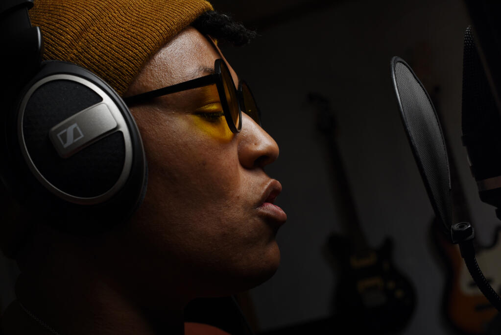 Hip-hop artist Kayatta Patton works on new material in a Rohnert Park studio in December 2021. Patton and Eki’Shola are the two musicians behind Powersoul, a performance event at HopMonk in Sebastopol on Friday, Sept. 23. (Erik Castro/For The Press Democrat)