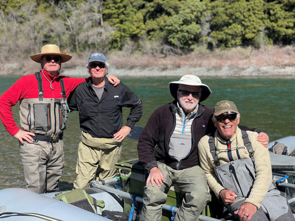 Four hardy fly-fishers (left to right, Steve Starke, Michael Crane, Steve MacRostie, Steve Kyle) made thousands of casts over several days in the icy cold rivers of Northern California and Southern Oregon without landing a single fish. Such is the way of winter steelhead fishing these days.