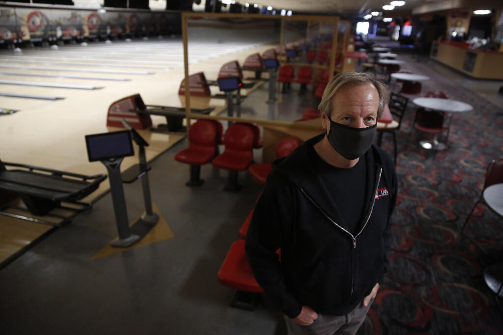 Jim Decker, owner of Double Decker Lanes, a bowling alley in Rohnert Park, Calif., on Monday, January 11, 2021. (Beth Schlanker/ The Press Democrat)