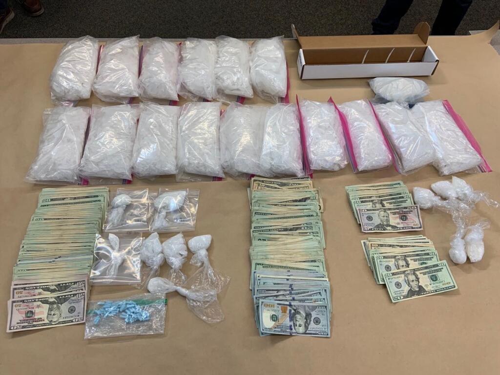 Methamphetamine, scales, packaging material and cash deputies found after serving search warrants in Santa Rosa and San Jose, leading to the arrest of seven people on Wednesday, Feb. 17, 2021. (Sonoma County Sheriff’s Office)