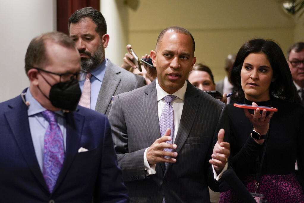 FILE - Rep. Hakeem Jeffries, D-N.Y., talks with reporters on Capitol Hill in Washington, on Nov. 17, 2022. (AP Photo/Carolyn Kaster, File)