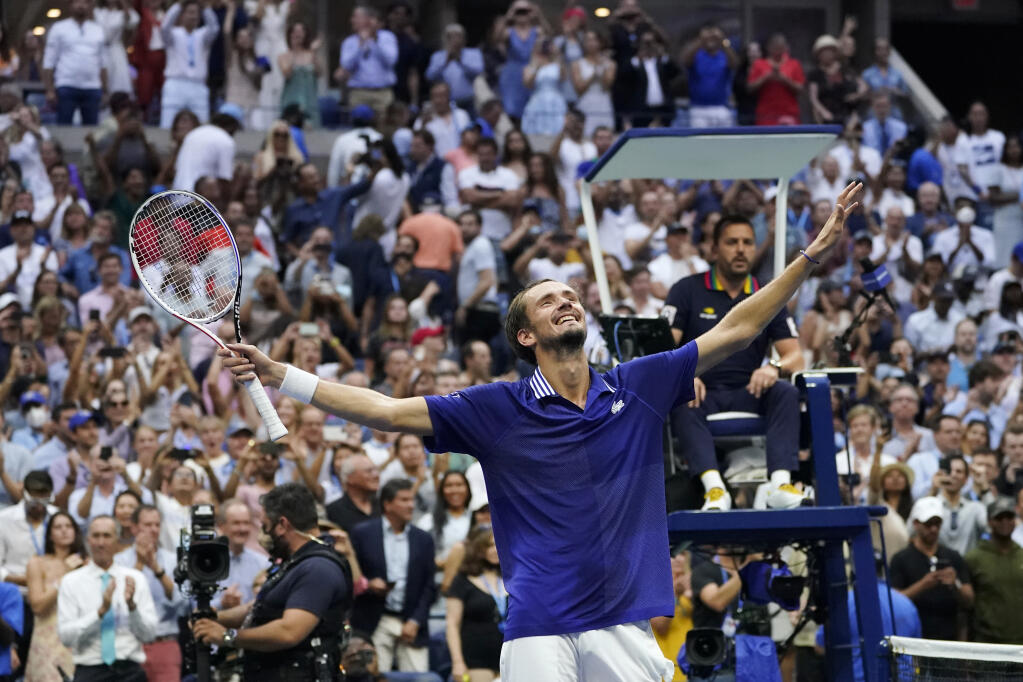 Daniil Medvedev, of Russia, reacts after defeating Novak Djokovic, of Serbia, in the men's singles final of the US Open tennis championships, Sunday, Sept. 12, 2021, in New York. (AP Photo/Elise Amendola)