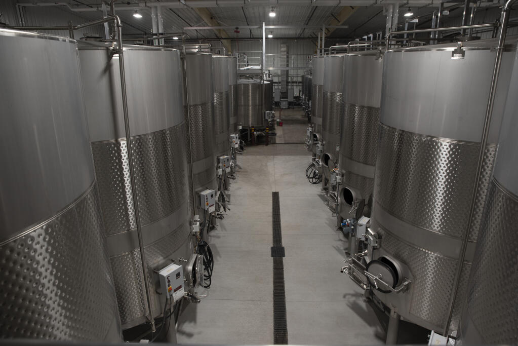 A forest of modern stainless-steel tanks has been added to store and age Joseph Phelps Vineyard wines in a separate tank building, seen here on Nov. 2, 2020. (Courtesy Photo)