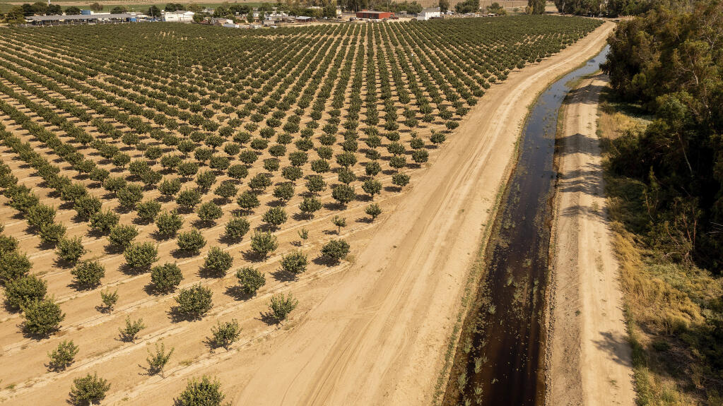 FILE - In this June 16, 2021, file photo, an irrigation canal runs past farmland in Lemoore, Calif. (AP Photo/Noah Berger, File)