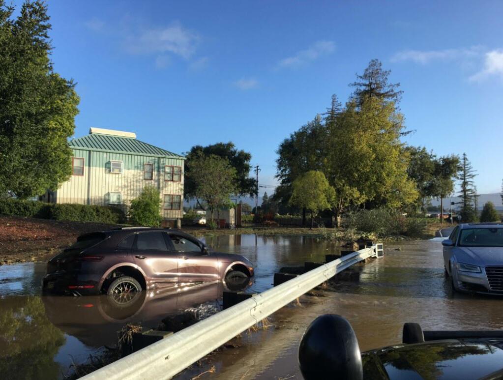 Six cars were washed out when drivers tried to cross  flooded areas of Highway 121 in Schellville on Monday, Oct. 25, 2021, according to authorities. (CHP Napa)