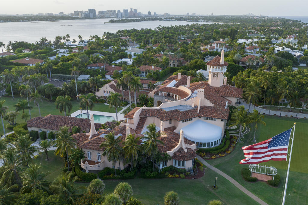 FILE - An aerial view of President Donald Trump's Mar-a-Lago estate is seen near dusk on Aug. 10, 2022, in Palm Beach, Fla. (AP Photo/Steve Helber, File)