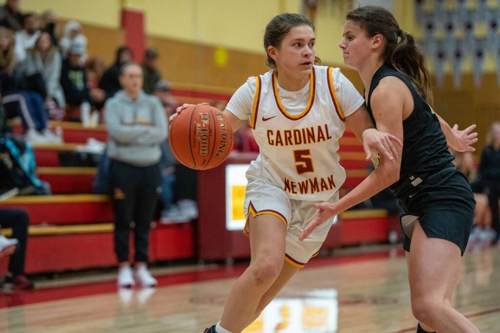 Cardinal Newman guard Leah Martinez fights for a position to shoot against Archbishop Mitty on Saturday, Dec. 3, 2022 in Larkfield-Wikiup. (Nicholas Vides / For The Press Democrat)