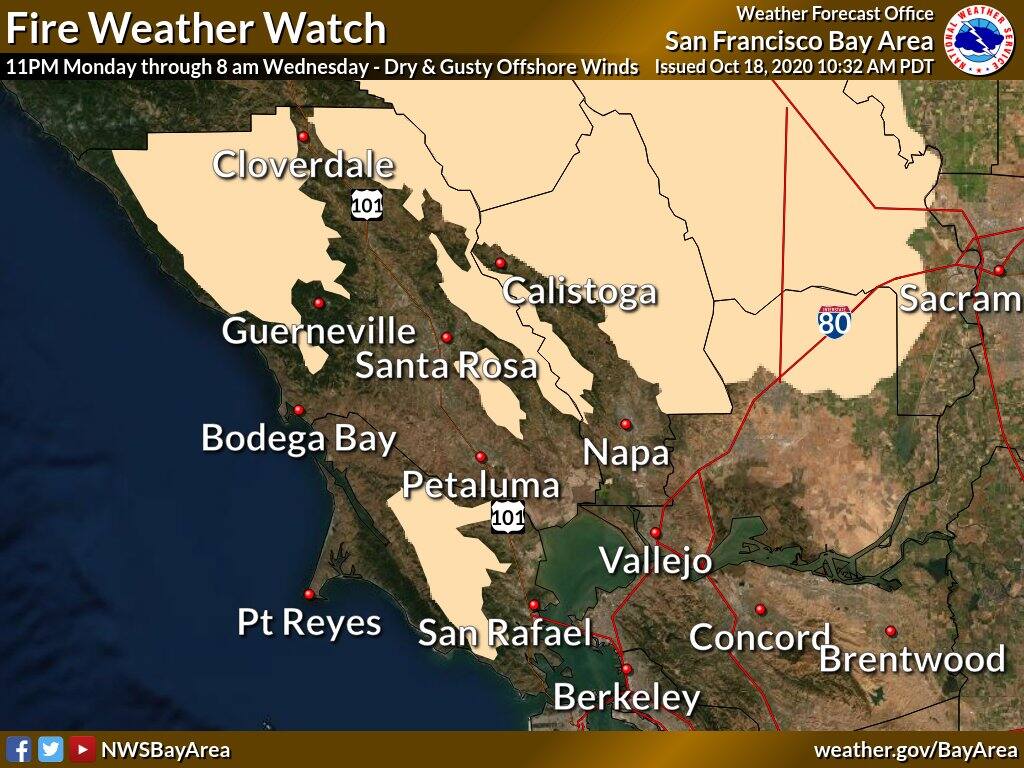 A fire weather watch was issued by the National Weather Service, beginning Monday, Oct. 19 through Wednesday, Oct. 21. (NATIONAL WEATHER SERVICE)