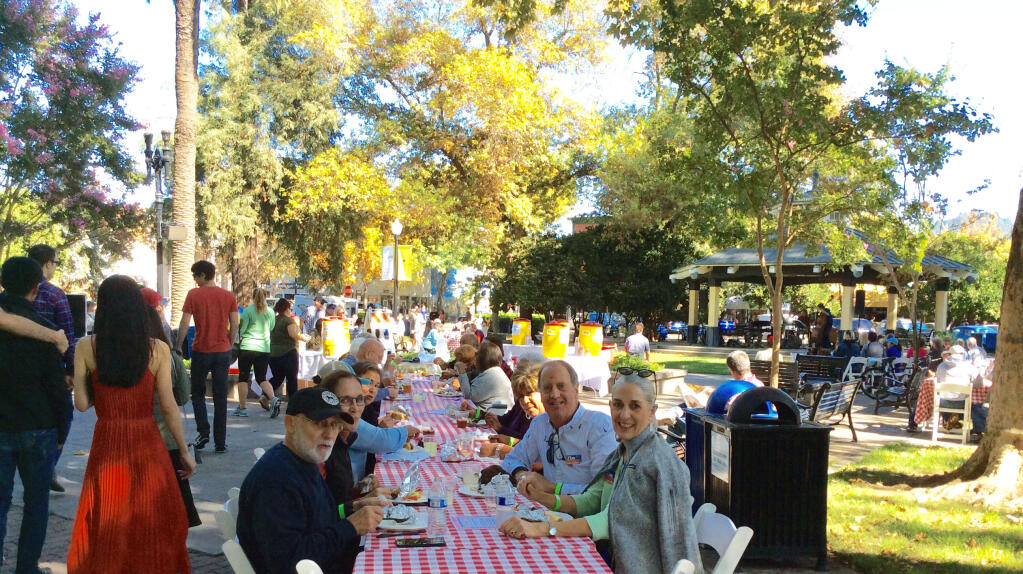 2018 picnic in the Plaza. Tim Meinken and Anne Gere are in the first two seats on the right side. Merrilyn Joyce photo.