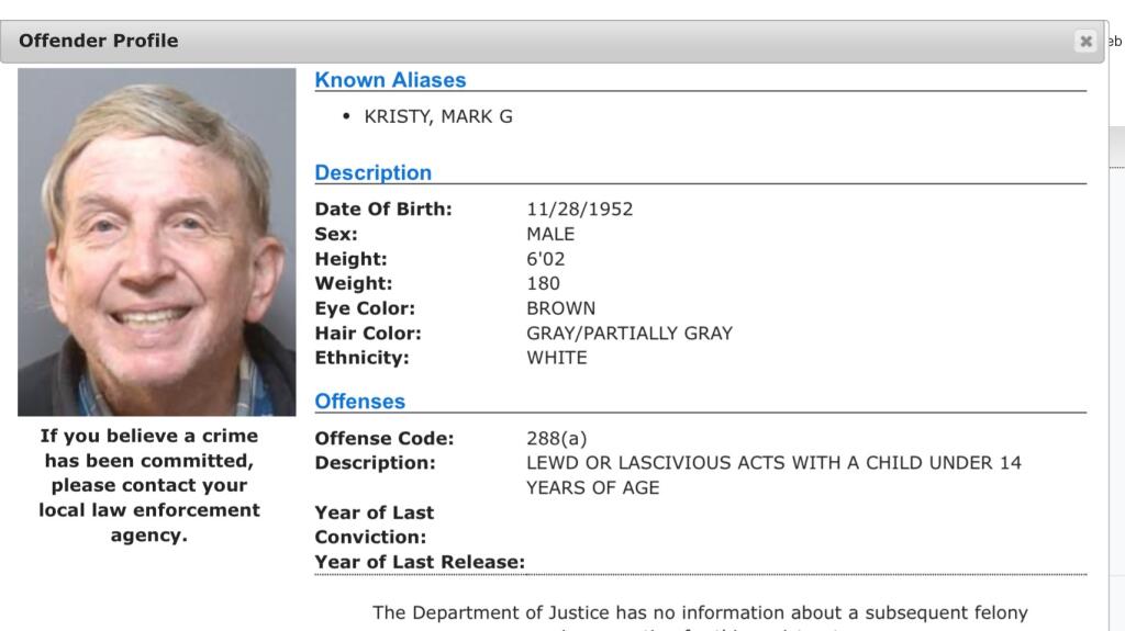A screenshot of Napa County Carmelite Priest Mark Gregory Kristy from the California Megan's Law website.