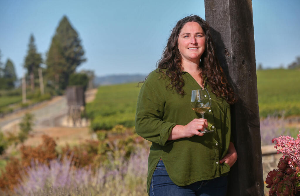 Emeritus Vineyards’ Mari Jones was the driving force behind the winery’s white pinot noir, produced from its famed Hallberg Ranch. Photo taken in Sebastopol, Wednesday, Sept. 13, 2023.  (Christopher Chung / The Press Democrat)